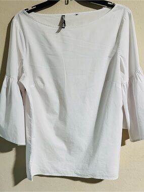 Zac & Rachel Cotton-Blend White Bell Sleeve Boatneck Blouse
